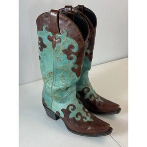 Lane Dawson Western Boots Womens 7.5 Turquoise Aqua Brown Leather SnipToe Cowboy